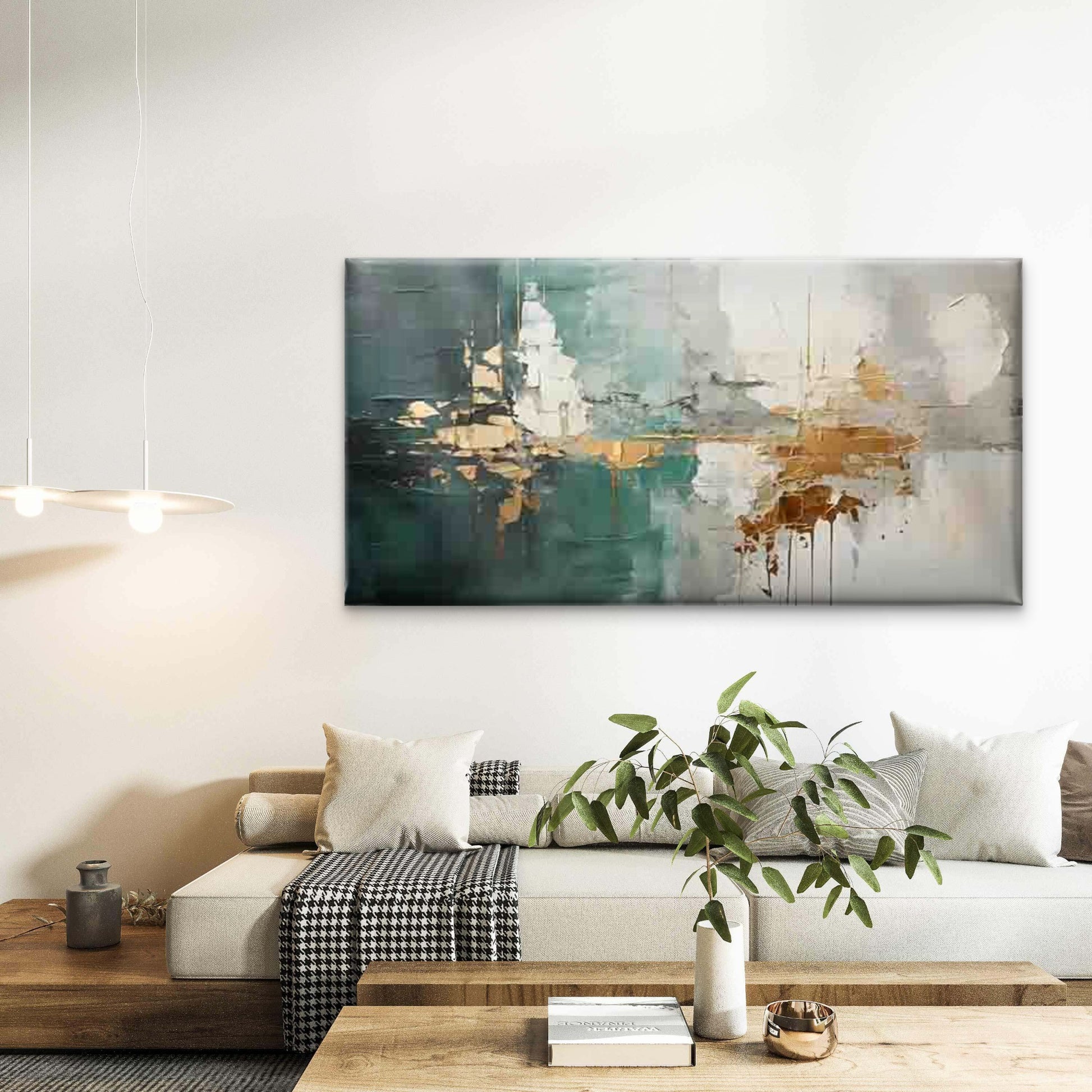 Teal, White & Golden Abstract Wall Art Canvas Office Home Room Framed 120x60cm - Bella Home Decor