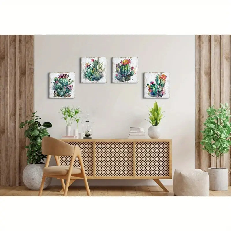 4pcs Cactus Decor Succulen Wall Art Canvas Framed