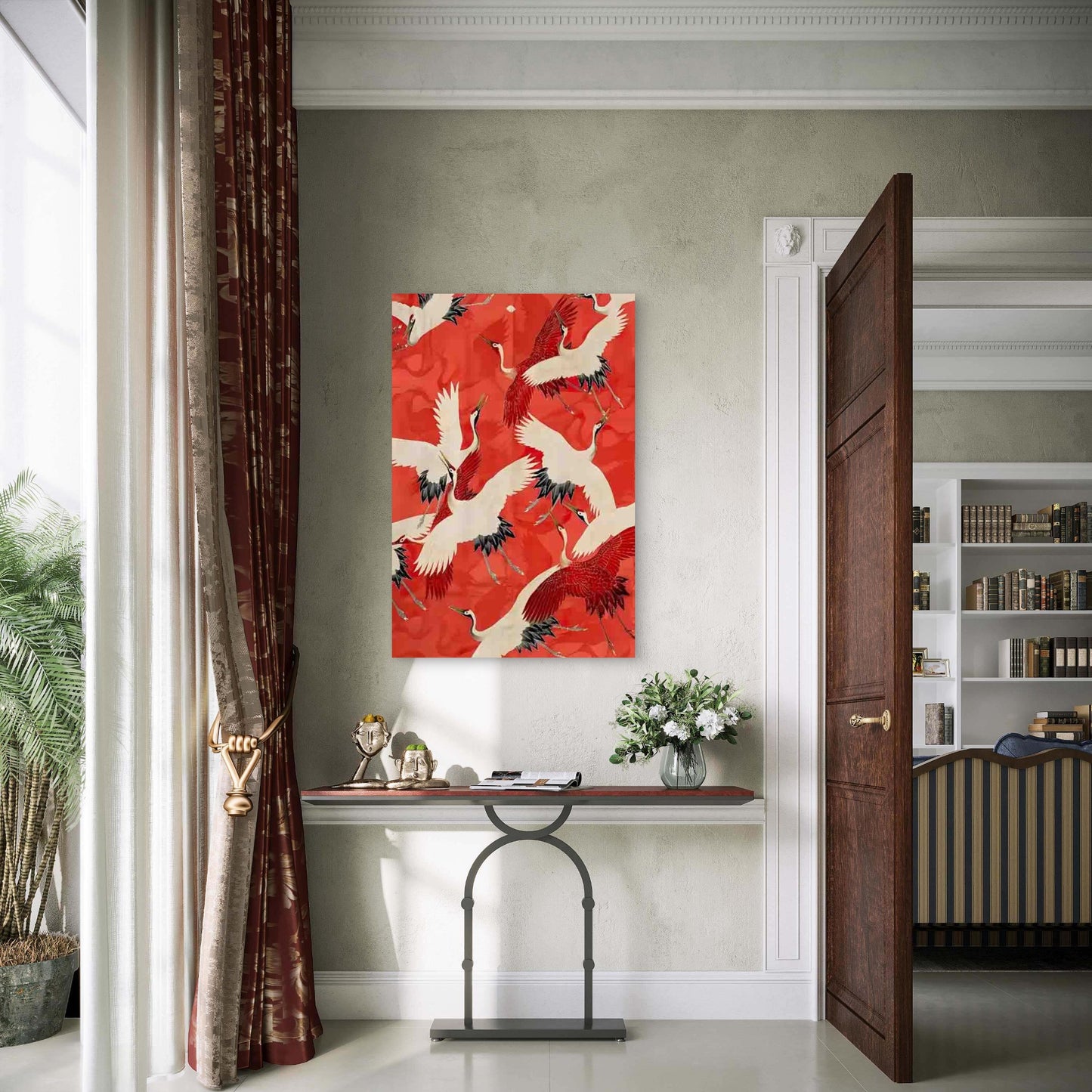 Elegant Artwork Featuring Red Cranes 60x90cm Metal Print Ready to Hang - Bella Home Decor