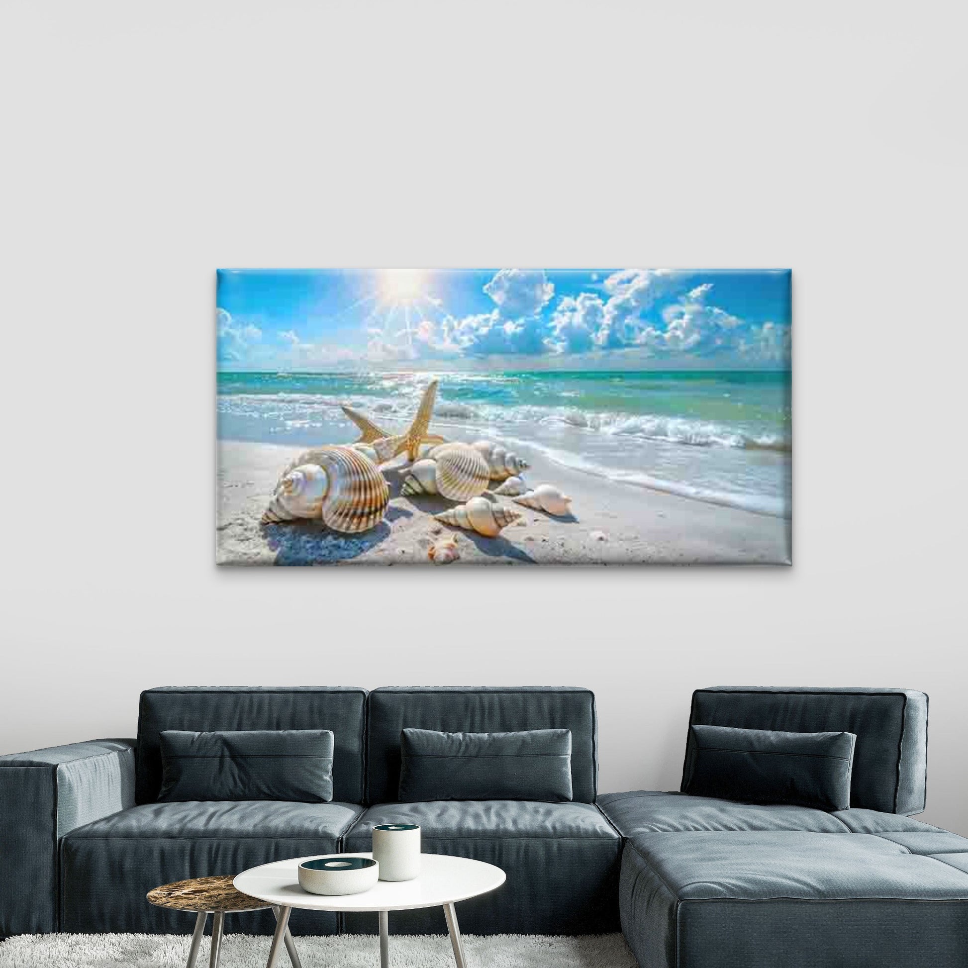 Seashells on Beach with Ocean Wall Art Canvas Office Home Room Framed 120x60cm - Bella Home Decor