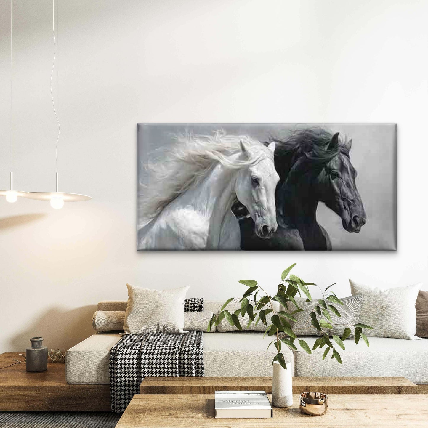 White And Black Horse Galloping Wall Art Canvas Office Home Room Framed 120x60cm