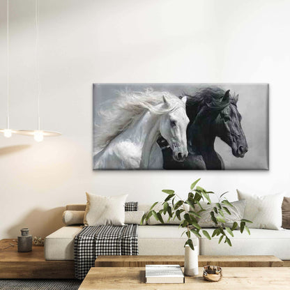 White And Black Horse Galloping Wall Art Canvas Office Home Room Framed 120x60cm