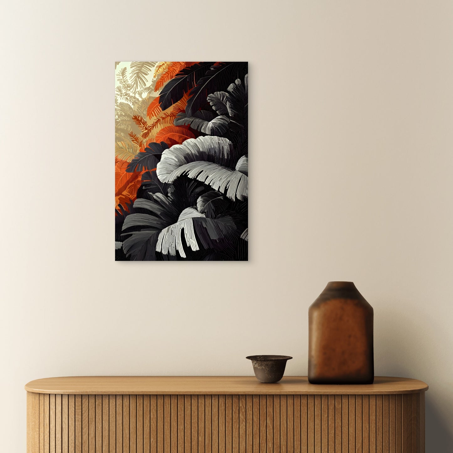 Monochrome Tropical Leaves with Orange Accents 40x60cm Metal Print Ready to Hang