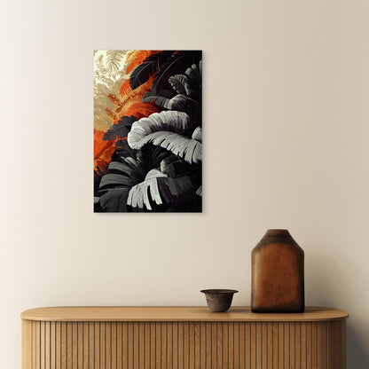 Monochrome Tropical Leaves with Orange Accents 40x60cm Metal Print Ready to Hang