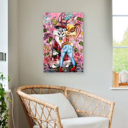 Cartoon Rabbits Couple Pink Graffiti 40x60cm Metal Print Ready to Hang