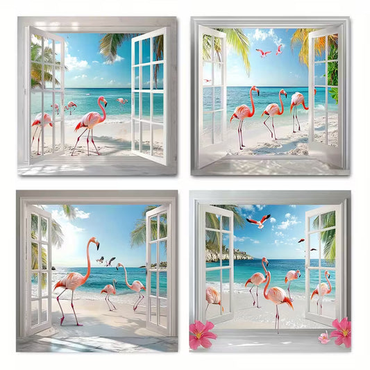 4pcs  Flamingo Beach Tropical Palm Coast Ocea Wall Art Canvas Framed