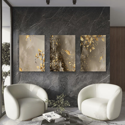 3pcs Modern Abstract Gold Leaf Floral  Wall Art Set Canvas Framed 50x70cm - High Quality Print 100% Australian Made Wall Canvas Ready to Hang