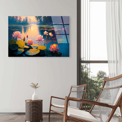 Pink Lotus Flower Water Lilypond Sunset   Acrylic Glass Printing Wall Art Australian Made Quality