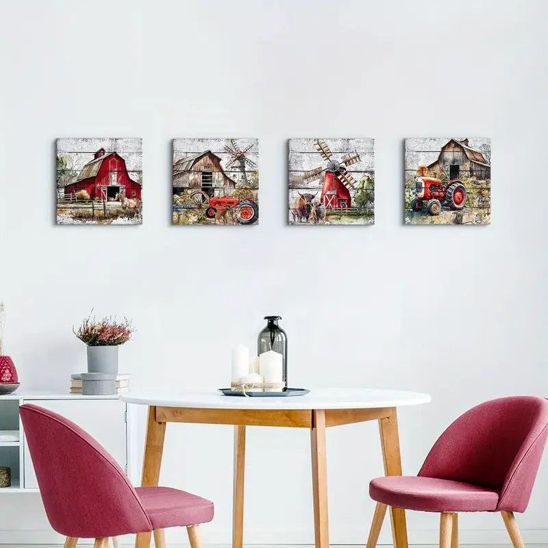 4pcsWatercolor Cattle, Horses, Windmill & Tractor Wall Art Canvas Framed