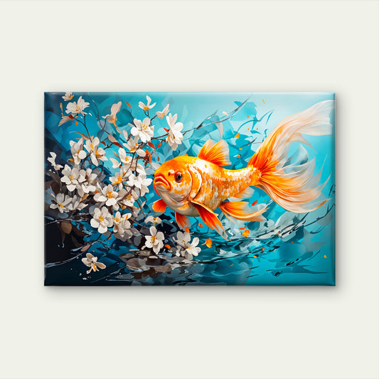 Gold Yellow Fish with White Flowers Wall Art Decor 100% Australian Made