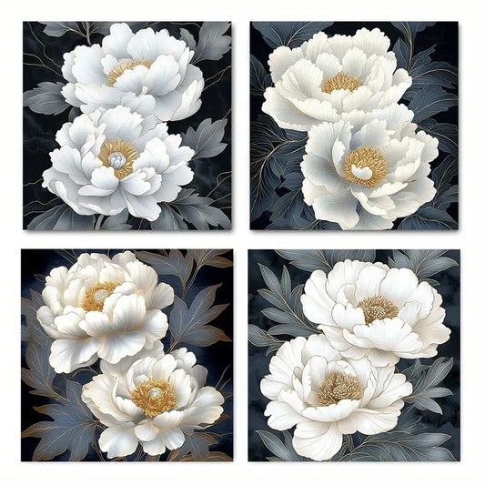 4pcs White Floral Oak Wood Art   Wall Art Canvas Framed