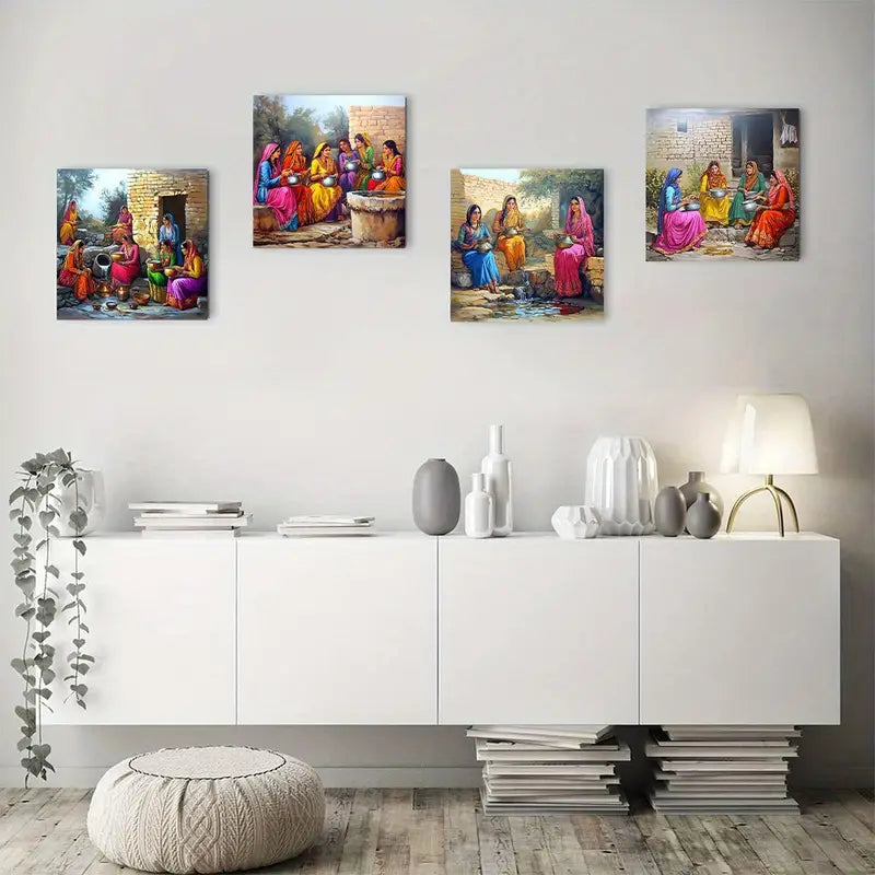 4pcs Casual Women Theme, Vibrant Cultural Scenes Wall Art Canvas Framed