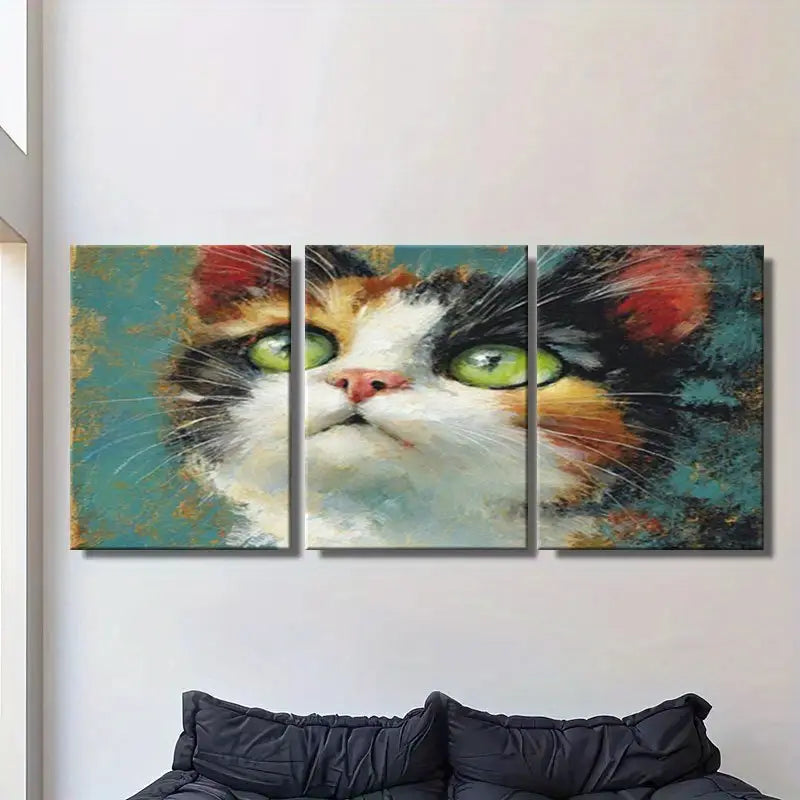 3pcs Adorable Calico Cat With Big Green Eyes Metal Print Ready to Hang Art - Bella Home Decor
