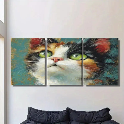 3pcs Adorable Calico Cat With Big Green Eyes Metal Print Ready to Hang Art - Bella Home Decor