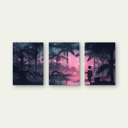 3pcs Fishing Among Glowing Butterflies Metal Print Ready to Hang Art