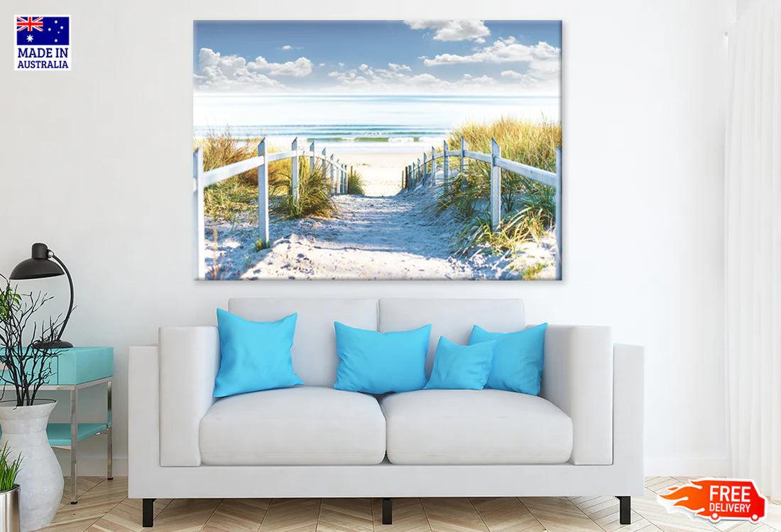 Cloudy Sky & Wooden Path to Sea 90x60cm Print 100% Australian Made - Bella Home Decor