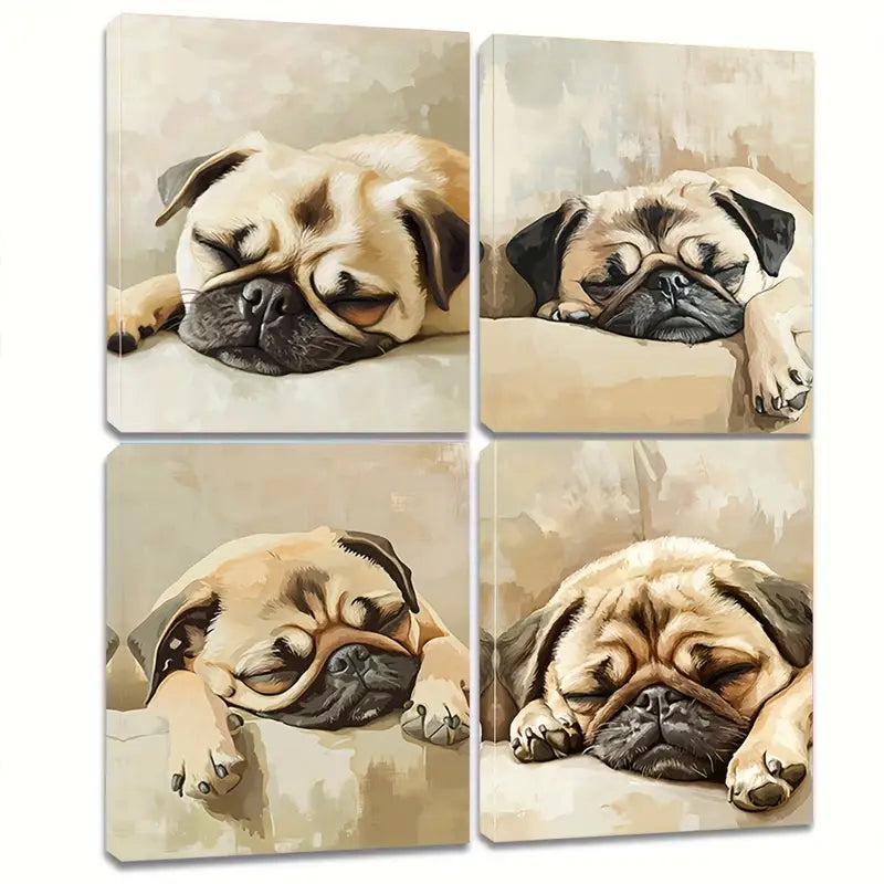 4pcs A Sleeping Dog With A Beige Background. Wall Art Canvas Framed