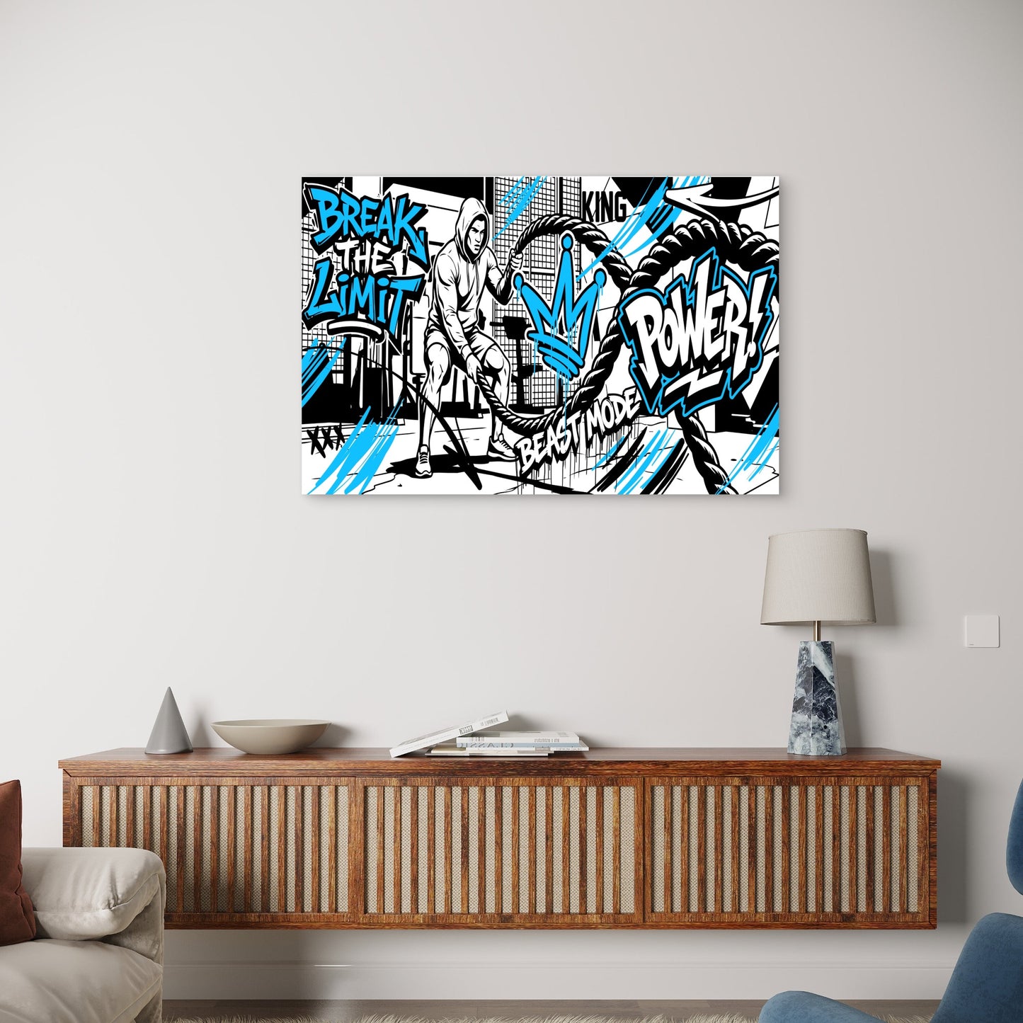 Gym Workout Battle Ropes Break The Limit Beast Mode King Power Graffiti Blue Black 5mm thick Plastic Poster Ready to Hang 90x60cm