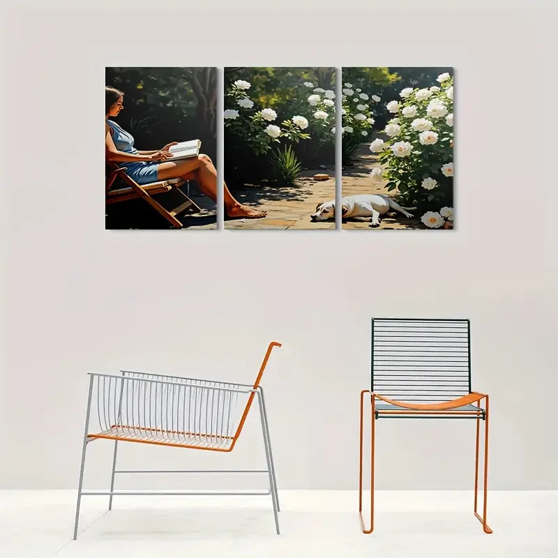 3pcs Woman Reading And Dog Canvas Metal Print Ready to Hang Art
