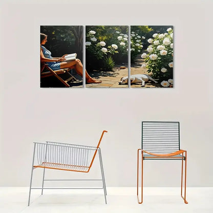 3pcs Woman Reading And Dog Canvas Metal Print Ready to Hang Art