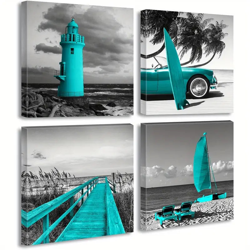 4pcs Black and White Ocean Lighthouse  Wall Art Canvas Framed - Bella Home Decor