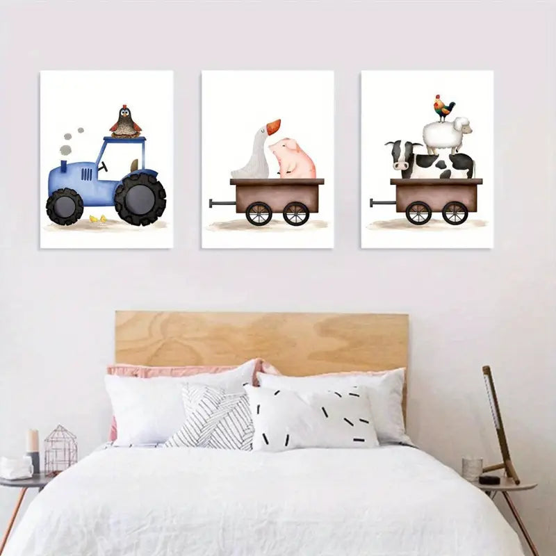 3pcs Animals And Car Art, Cute And Simple, Metal Print Ready to Hang Art - Bella Home Decor