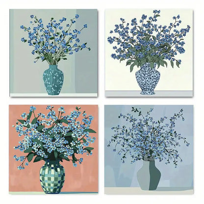 4pcs Blue Flower Still Life Vintage Style Scorpi Wall Art Canvas Framed