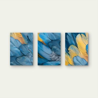 3pcs Modern Teal Blue Yellow Macaw Feather  Wall Art Set Canvas Framed 40x60cm - High Quality Print 100% Australian Made Wall Canvas Ready to Hang