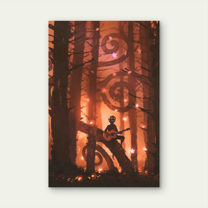 Young Man Playing Guitar in Fantasy Autumn Forest Metal Print Ready to Hang