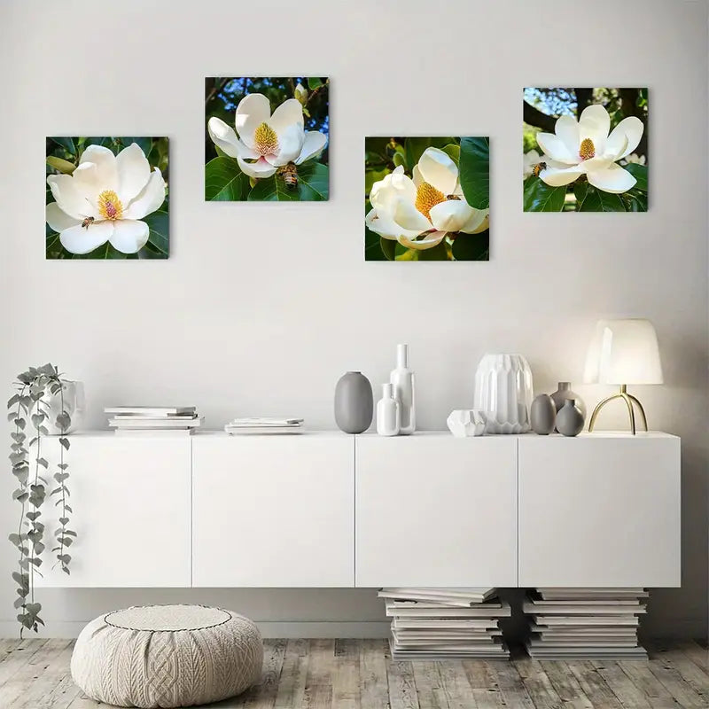 4pcs Magnolia Flowe Vintage Abstract Wall Art Canvas Framed