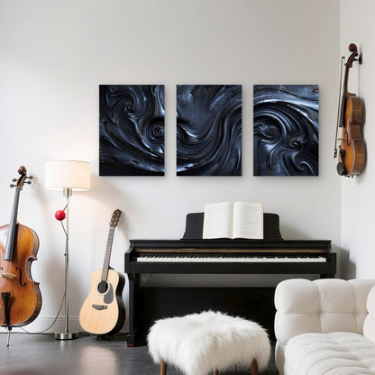 3pcs Abstract Swirling With Black Liquid Metal Print Ready to Hang Art - Bella Home Decor