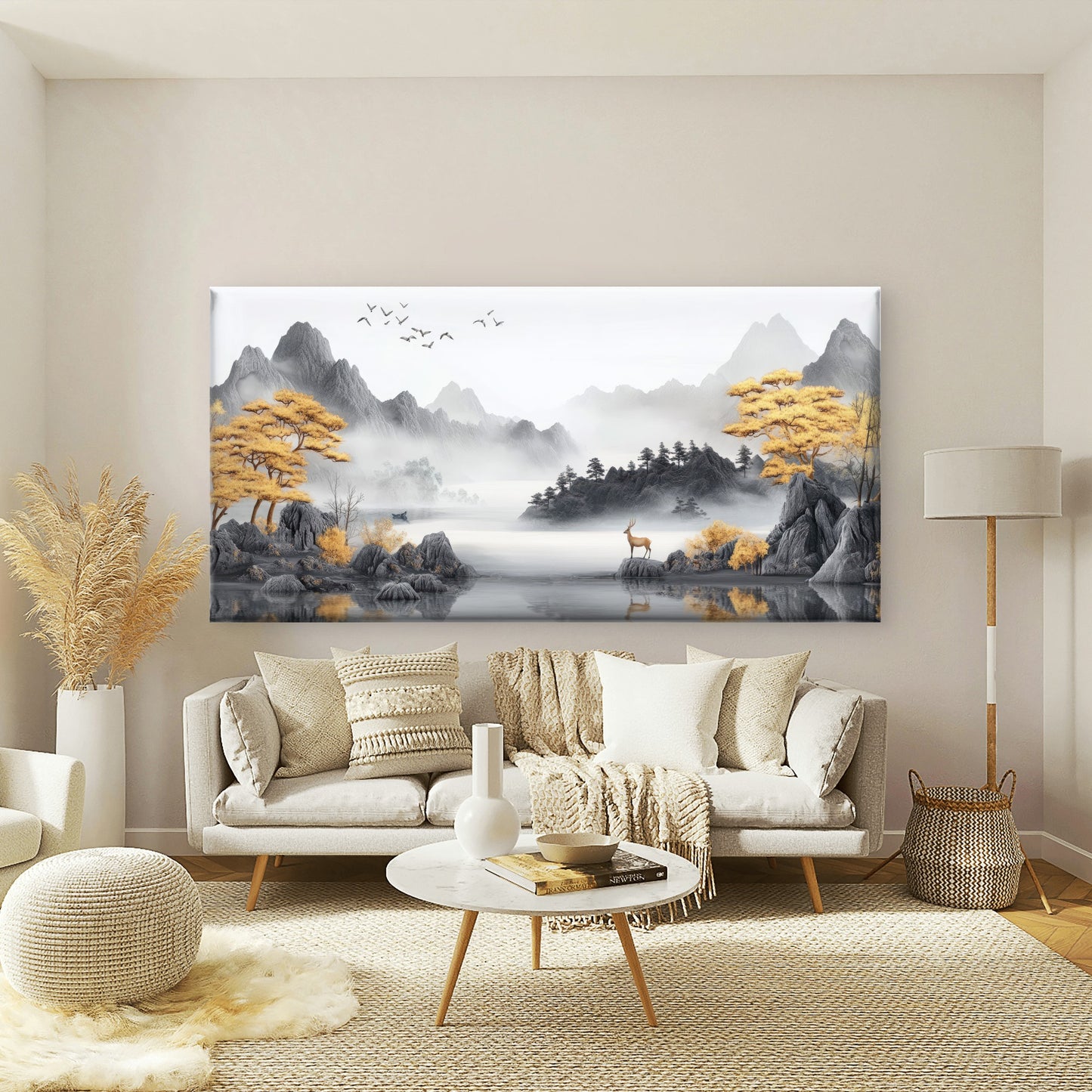 Misty Mountain Autumn Deer View Wall Art Canvas Office Home Room Framed 120x60cm