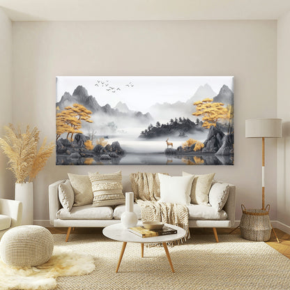 Misty Mountain Autumn Deer View Wall Art Canvas Office Home Room Framed 120x60cm