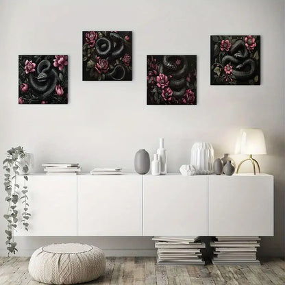 4pcs  Black snake flowe Elegant Modern   Wall Art Canvas Framed