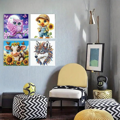 4pcs Small animal Wolf cow duck  Wall Art Canvas Framed