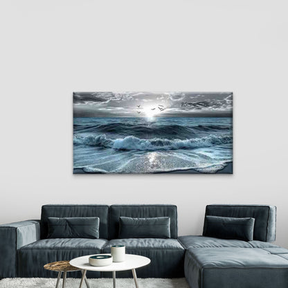 Modern Ocean Waves Wall Art Canvas Office Home Room Framed 120x60cm - Bella Home Decor