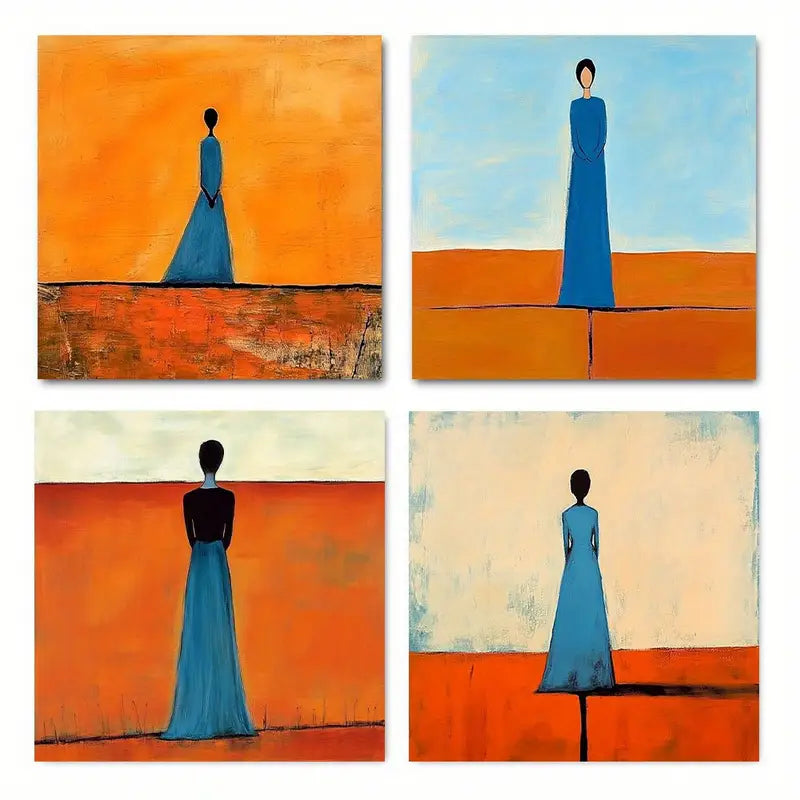 4pcs Blue & Orange Abstract Silhouette Woman Art Wall Art Canvas Framed