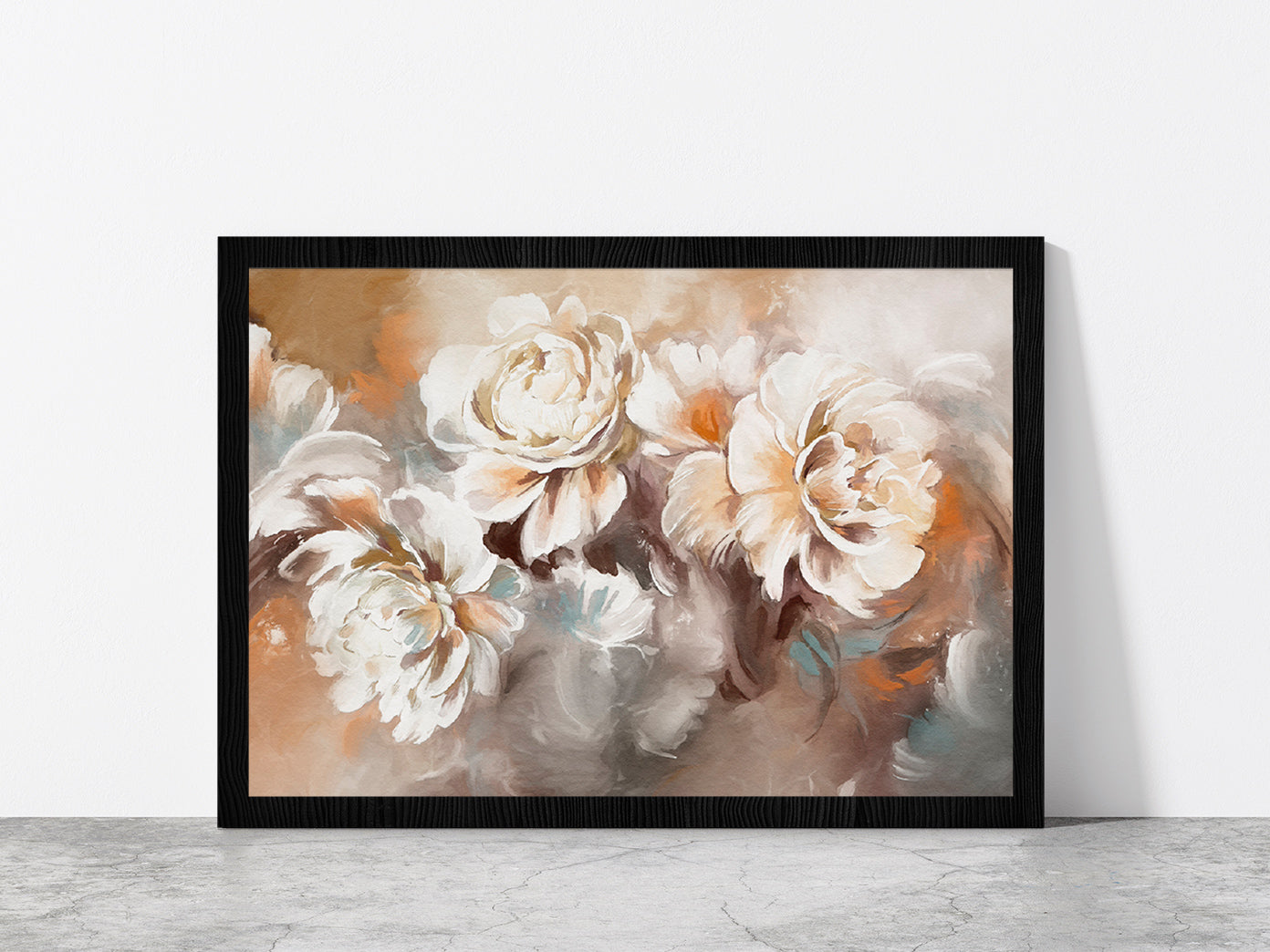 Beautiful Flowers Oil Painting Glass Framed Wall Art, Ready to Hang Quality Print Without White Border Black