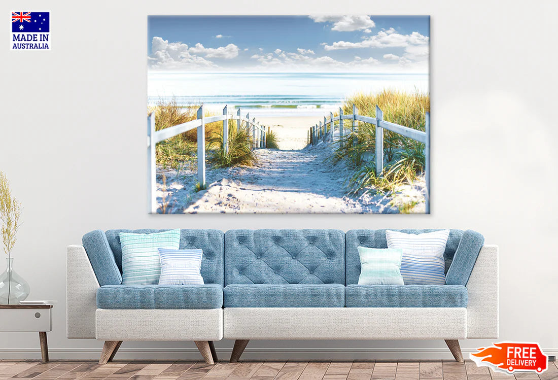 Cloudy Sky & Wooden Path to Sea 90x60cm Print 100% Australian Made - Bella Home Decor