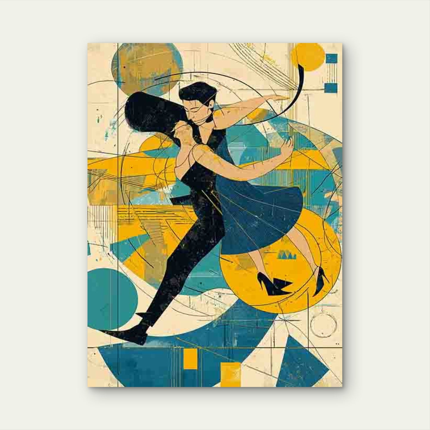 Art Deco Style Dance, Vibrant Blue & Golden Abstract Design60x90cm Metal Print Ready to Hang - Bella Home Decor