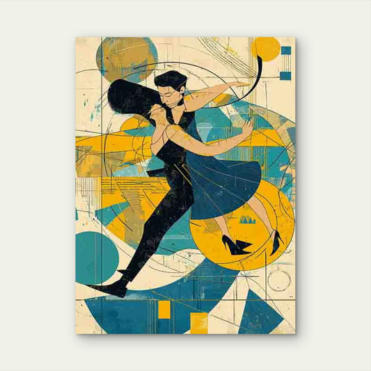 Art Deco Style Dance, Vibrant Blue & Golden Abstract Design60x90cm Metal Print Ready to Hang
