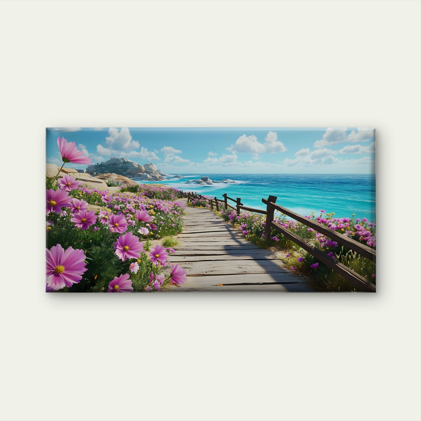 Seaside Walk Through Flowers Wall Art Canvas Office Home Room Framed 120x60cm