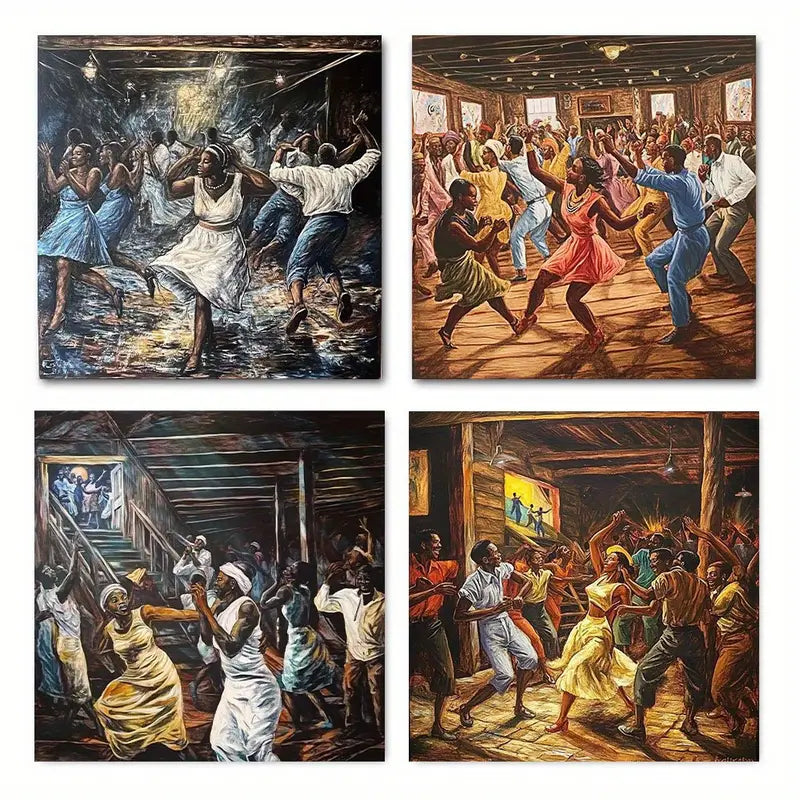 4pcs Vintage African American Carnival Wall Art Canvas Framed