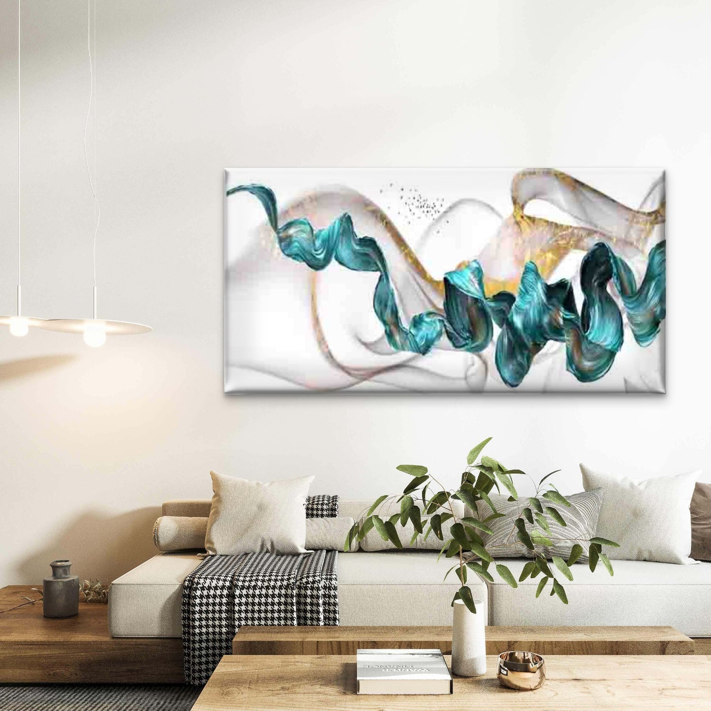 Fluid Shapes in Teal And Golden Wall Art Canvas Office Home Room Framed 120x60cm - Bella Home Decor