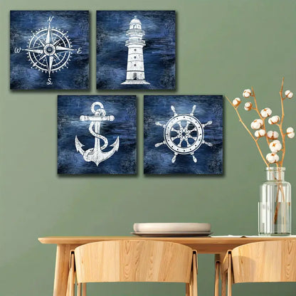 4pcs Boat Anchor,Compass & Lighthouse In Navy B Wall Art Canvas Framed - Bella Home Decor