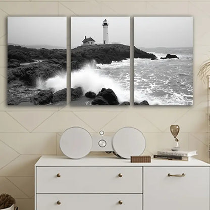 3pcs Lighthouse Nautical Black and White Wall Art Set Canvas Framed 60x90cm - High Quality Print 100% Australian Made Wall Canvas Ready to Hang
