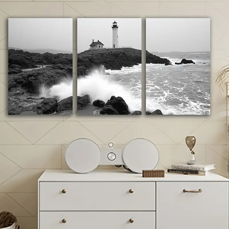 3pcs Lighthouse Nautical Black and White Wall Art Set Canvas Framed 50x70cm - High Quality Print 100% Australian Made Wall Canvas Ready to Hang