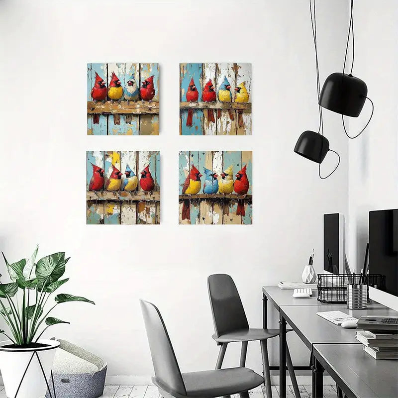 4pcs  Vibrant Cardinal BirdsWall Art Canvas Framed