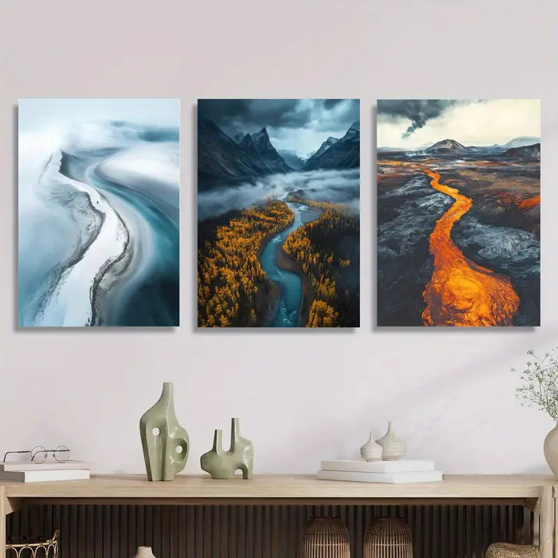 3pcs Glacier, Volcano & Lava Flow Triptych Metal Print Ready to Hang Art - Bella Home Decor