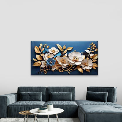 Golden Flowers on Blue Backgrou Wall Art Canvas Office Home Room Framed 120x60cm - Bella Home Decor